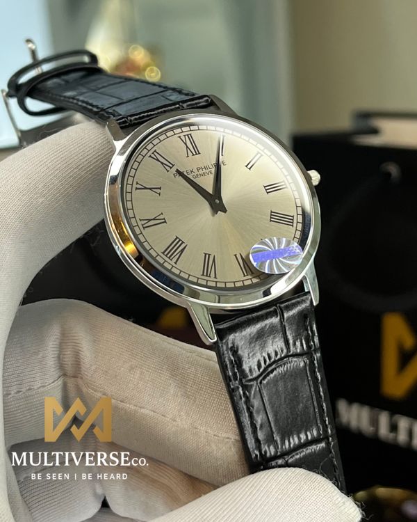 PATEK THIN WATCH | SILVER CASE | GREY DIAL | BLACK BELT | JAPAN MOVEMENT | SAPPHIRE GLASS (SEMI AAA)