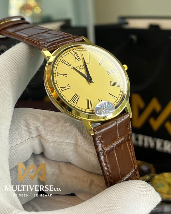 PATEK THIN WATCH |  GOLDEN CASE |  GOLDEN DIAL | BROWN BELT | JAPAN MOVEMENT | SAPPHIRE GLASS (SEMI AAA)