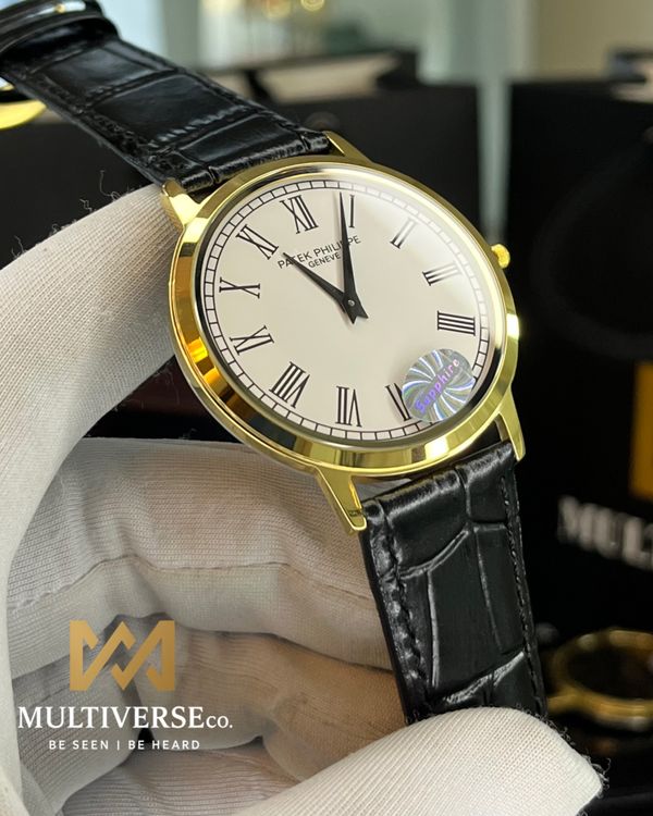 PATEK THIN WATCH | GOLDEN CASE | WHITE DIAL | BLACK BELT | JAPAN MOVEMENT | SAPPHIRE GLASS (SEMI AAA)