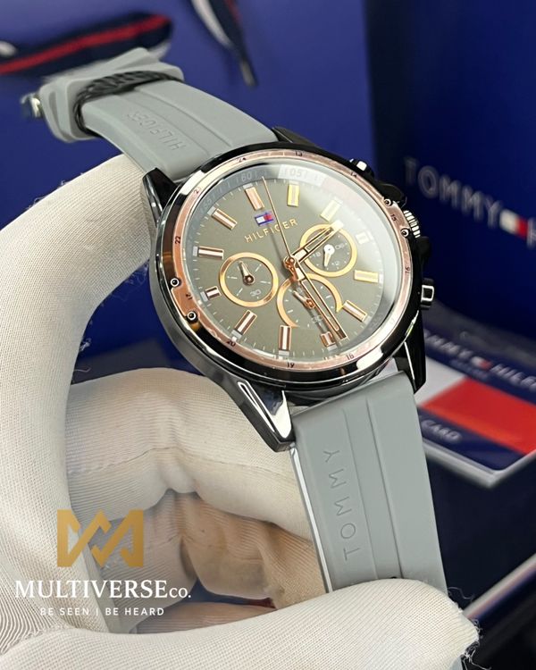 HILFIGER CHRONOGRAPH | GREY DIAL GREY BELT | FREE OFFICIAL PACKAGING (AA)