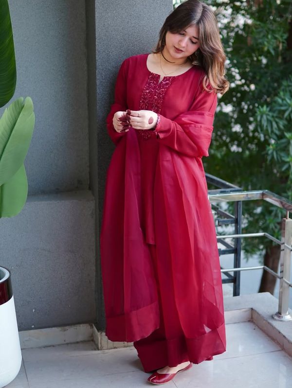 Red Wine Color Cherry georgette Three pieces