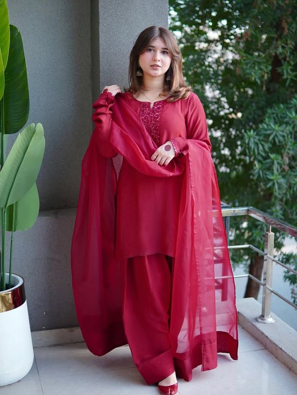 Red Wine Color Cherry georgette Three pieces - Image 3