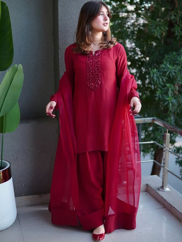 Red Wine Color Cherry georgette Three pieces - Image 5