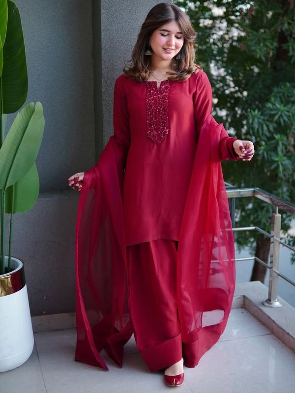 Red Wine Color Cherry georgette Three pieces - Image 6