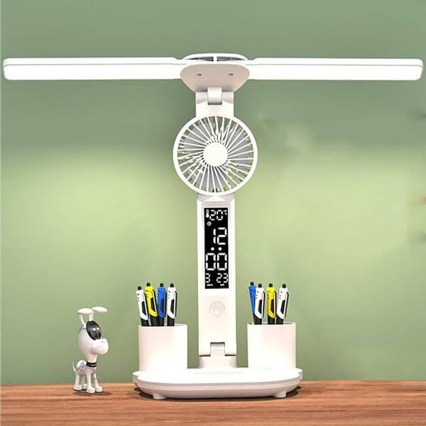 3in1 Multifunction Table Lamp LED Four-headed Folding With Fan Calendar Clock USB Rechargeable Desk light 3 color Reading Lamp