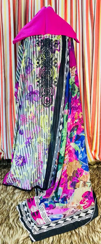 Digital printed cotton satin shirt, dupatta, and dyed trouser.