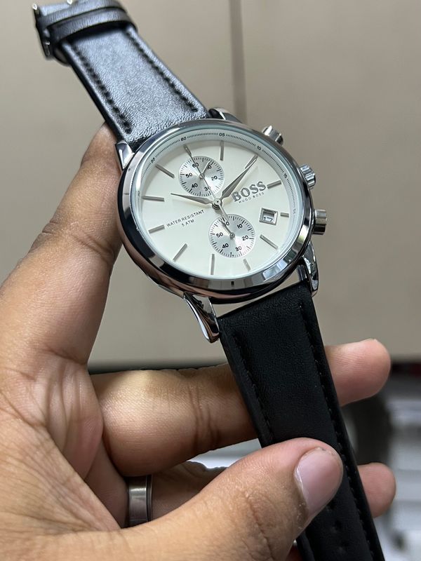 BOSS BELT TWO CHRONO BLACK BELT SILVER CASE WHITE DIAL