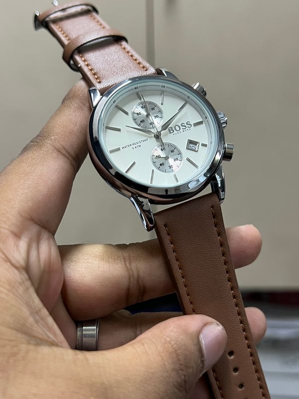 BOSS BELT TWO CHRONO MUSTARD BELT SILVER CASE WHITE DIAL