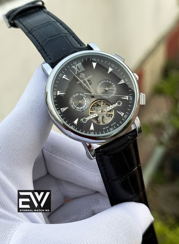 PATEK AUTOMATIC BLACK BELT GRAY DIAL SILVER CASE