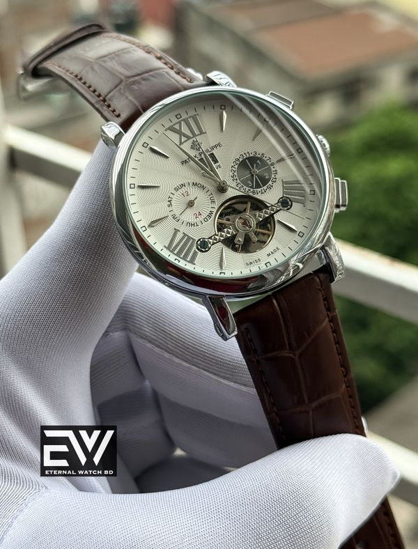 PATEK AUTOMATIC BROWN BELT WHITE DIAL SILVER CASE