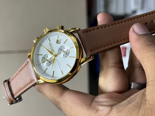 BOSS BELT TWO CHRONO MUSTARD BELT GOLDEN CASE WHITE DIAL