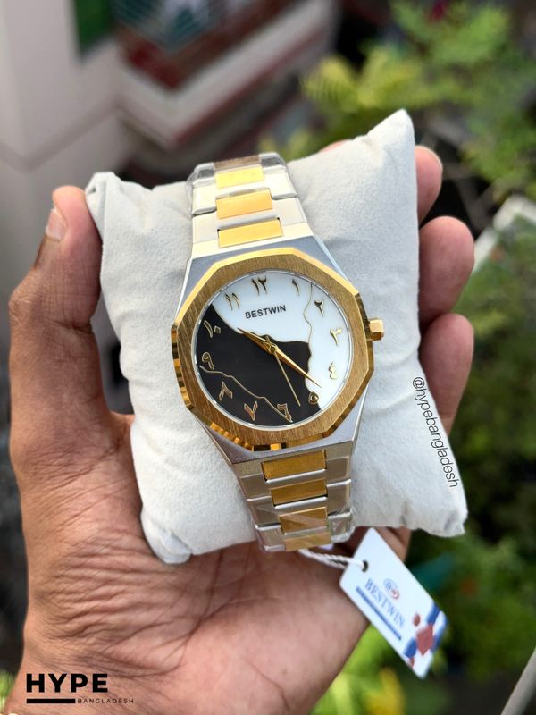 Arabic Dial Bestwin Stainless Steel Heavyweight Watch (Silver-Gold Chain)