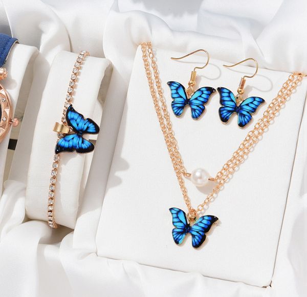 Multi- Color Butterfly Necklace and Earrings 3-Piece Set Bohemian Style Pendant Clavicle Chain