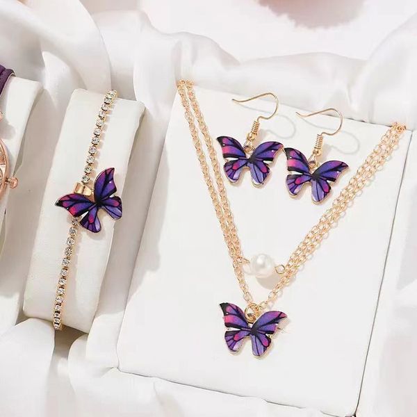 Multi-Color Butterfly Necklace and Earrings 3-Piece Set Bohemian Style Pendant Clavicle Chain