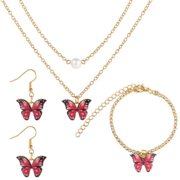 Multi-Color Butterfly Necklace and Earrings 3-Piece Set Bohemian Style Pendant Clavicle Chain