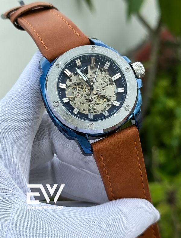 FOSSIL AUTOMATIC BROWN BELT BLUE CASE SILVER BEZEL
