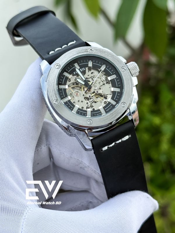 FOSSIL AUTOMATIC BLACK BELT BLACK DIAL SILVER CASE
