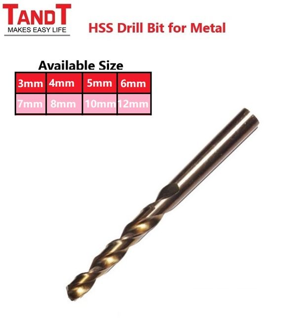 TANDT HSS Drill Bit Set – High-Speed Steel Metal Drilling Sizes: 3mm | 4mm | 5mm | 6mm | 7mm | 8mm | 10mm | 12mm