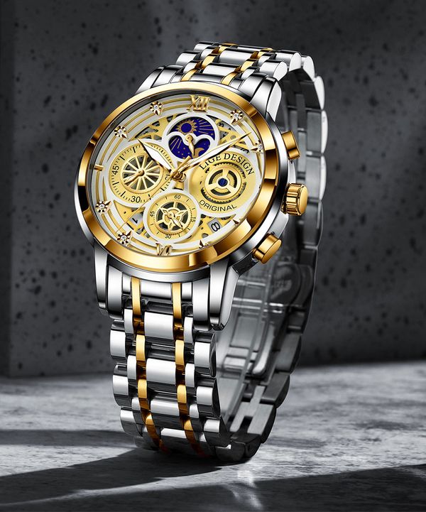 LIGE 8942 Men Military Sport Wrist Watch Gold Quartz Steel 30ATM Waterproof Date Male Clock Sport Watches Relogio Masculino2022