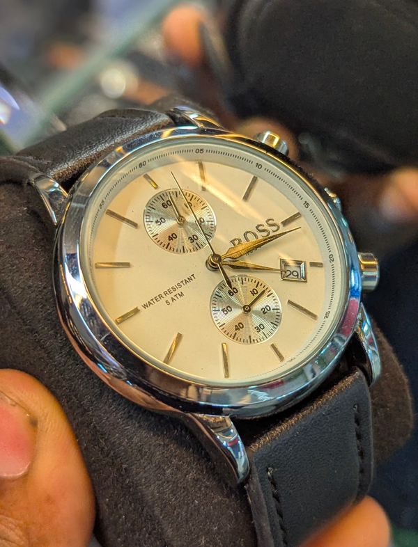 Boss Belt Two Chrono Black Belt Silver Case White Dial