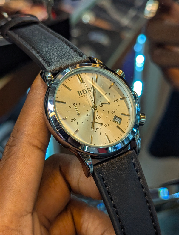 Boss Belt Three Chrono Black Belt Silver Case White Dial