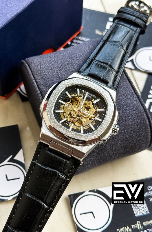 PATEK AUTOMATIC BLACK BELT SILVER CASE BLACK DIAL