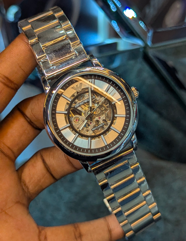 Emporio Armani Automatic Black Dial Silver Chain