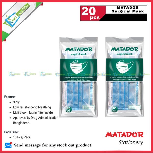 MATADOR Surgical Mask 3 Ply with high quality filter, nose pin Pack of 20 pcs