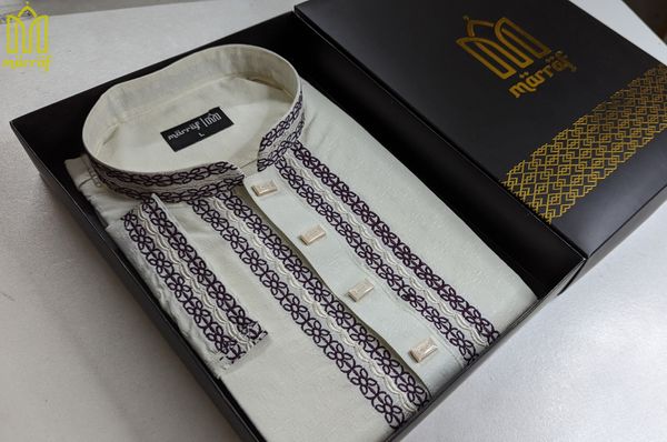 Ethereal Soft Cream Cotton Panjabi with Delicate Embroidery
