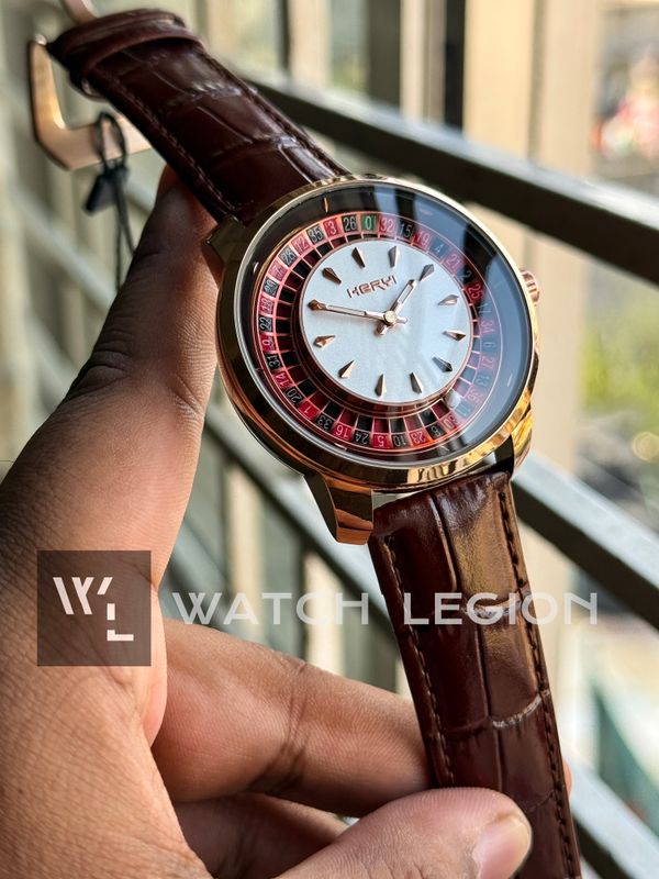 HERYI CASINO ROULETTE BROWN LEATHER ROSE GOLD CASE WHITE DIAL