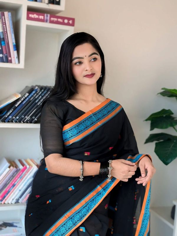 Handloom black blue par saree