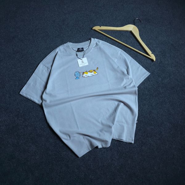 Korean Cat Enjoying The Wind (Light Grey) - Oversized Drop Shoulder T-shirt