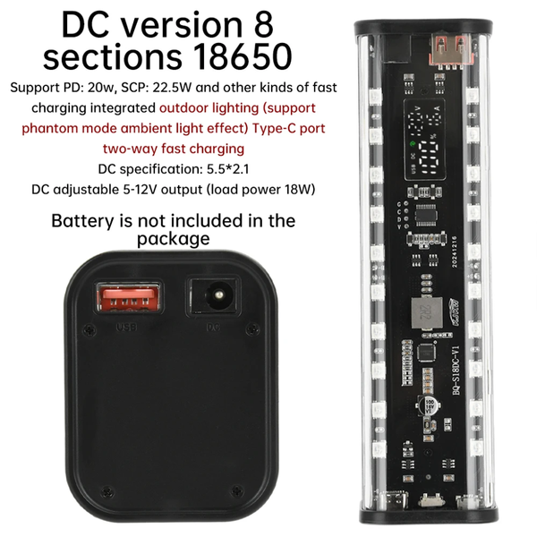 Fast Charging 8pcs 18650 Battery Power Bank Case Adjustable DC Voltage with White and RGB LED Light
