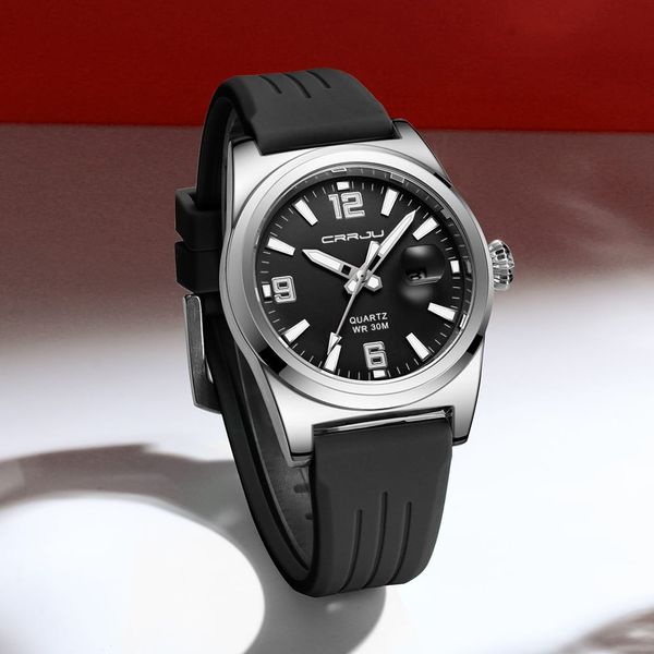 CRRJU 5027 Black Silicone Band Casual Men's Watch with Date Display