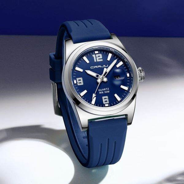 CRRJU 5027 Blue Silicone Band Casual Men’s Watch with Date Display