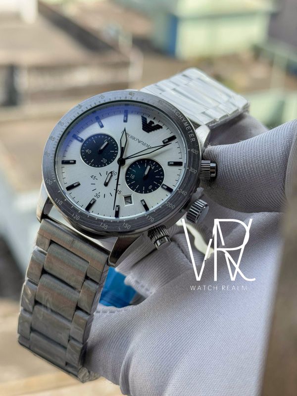 ARMANI MATT SILVER CHAIN WHITE DIAL BLACK SUB