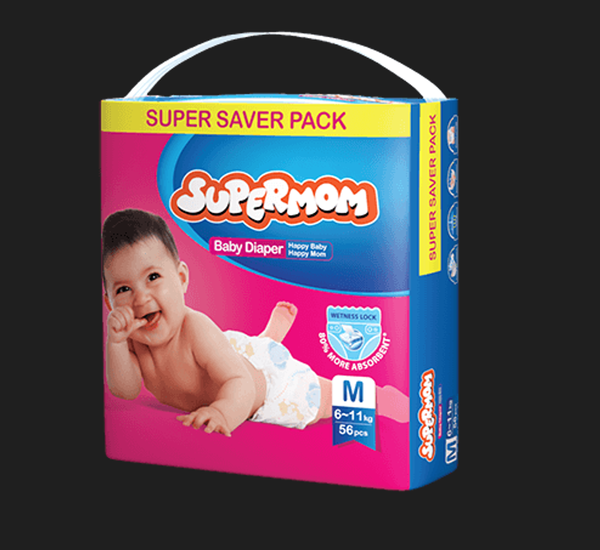 SuperMoM M Size 56pcs Belt System Baby Diaper for 6 to 11kg Babies