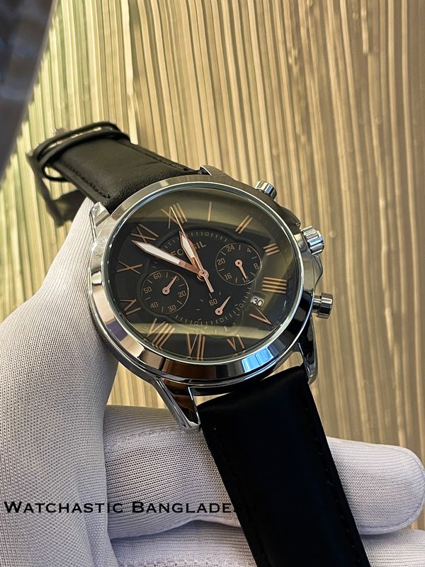 FOSSIL Q BLACK BELT SILVER CASE BLACK DIAL ROSE GOLD DIGIT