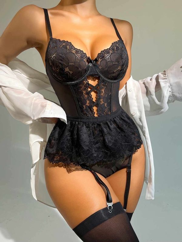 Lace Bodysuit with Thigh-High Stockings - Image 13