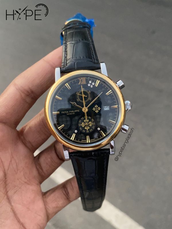 Patek philippe leather belt chronograph watch (Black-Gold)