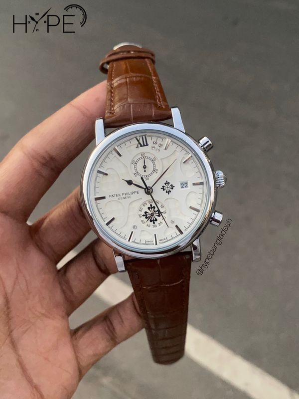 Patek philippe leather belt chronograph watch (Brown-White))
