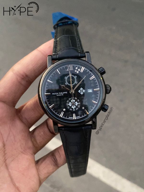 Patek philippe leather belt chronograph watch (Black)