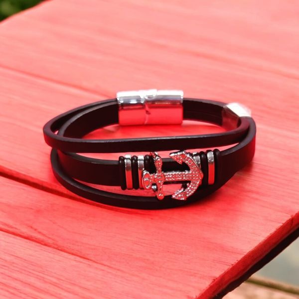 22mm Anchor Desgin Black Color Leather Bracelet Stainless Steel Retro Style Bracelets Boyfriend Gifts pulsera hombre