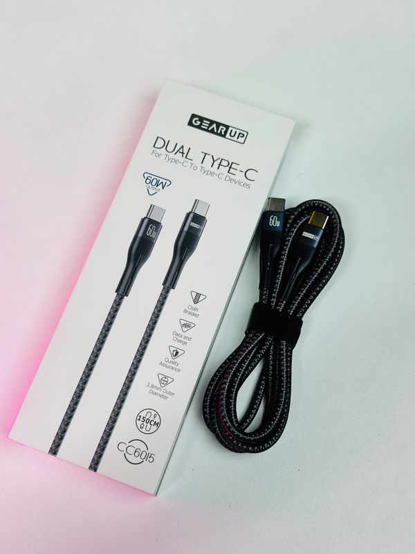 GearUP CC6015 Type-C to C 60W PD Fast Charging & Data Cable – 1.5m .