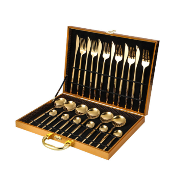 Tableware stainless steel, golden set, gift box, Wooden box, set, 24 pieces