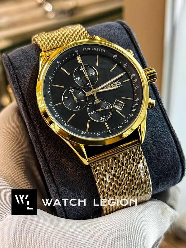 BOSS MESH CHAIN GOLDEN CASE BLACK DIAL