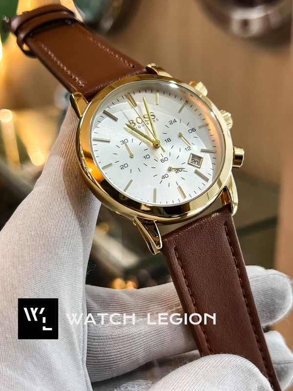 BOSS BELT THREE CHRONO MUSTARD BELT GOLDEN CASE WHITE DIAL