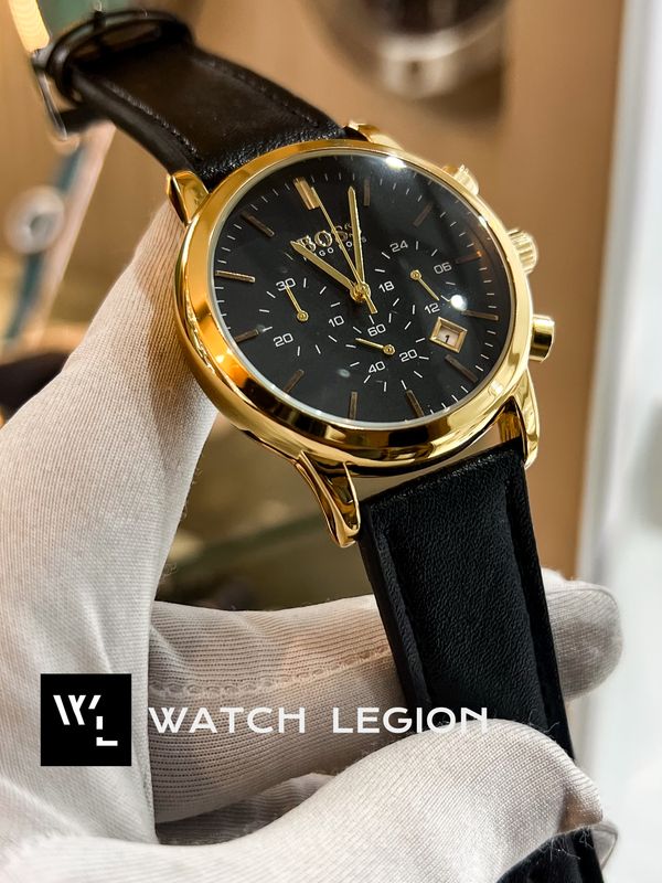 BOSS BELT THREE CHRONO BLACK BELT GOLDEN CASE BLACK DIAL
