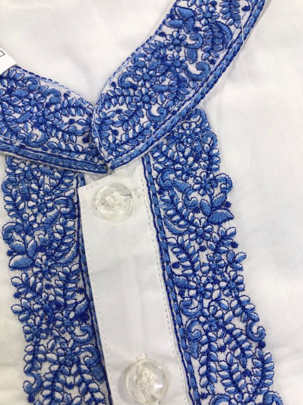 Blue Embroidery White Cotton Men Fotua