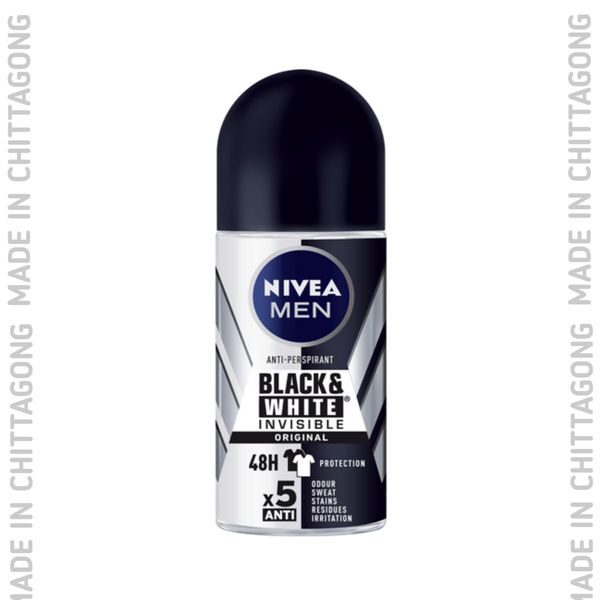 Nivea Men Roll On Antiperspirant & Deodorant Invisible Black and White 48 Hour Protection - Alcohol Free, 50